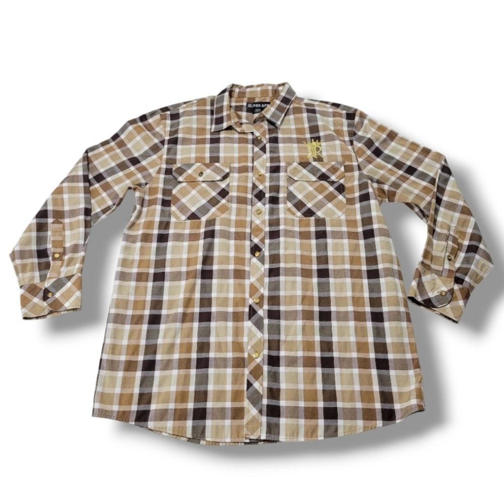 Red Ape Shirt Size 3XL Men Plaid Shirt Button Down Long Sleeve Shirt Embroidered